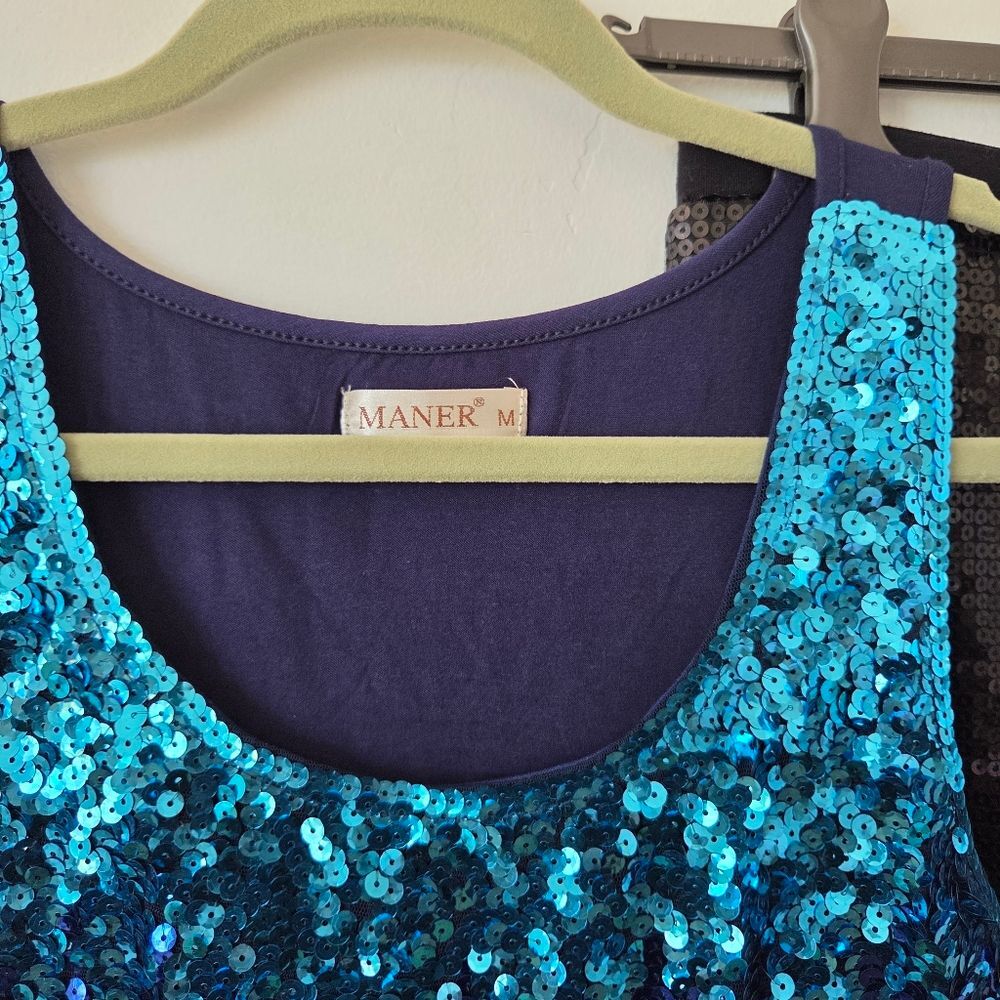 Sequin Set Skirt Camisole Party Flashy Fun Outfit Blue Black Cocktail Medium - Picture 3 of 10